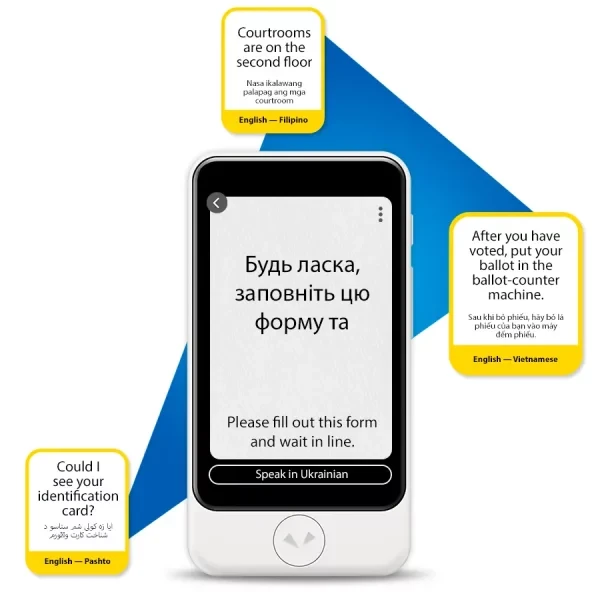 Pocketalk device showing multilingual translation in action